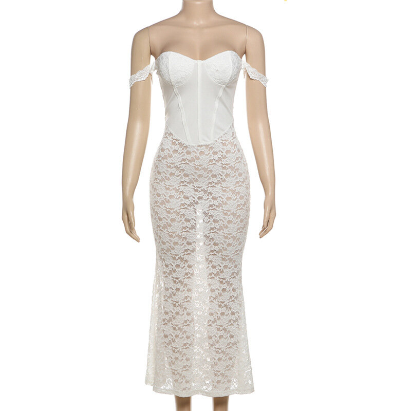 Białe koronkowe damskie sukienka na studniówkę kochanie z odkrytymi ramionami letnie suknia wieczorowa prześcinane przez pochwę wąskie, długie, plażowe, długie, spódniczki