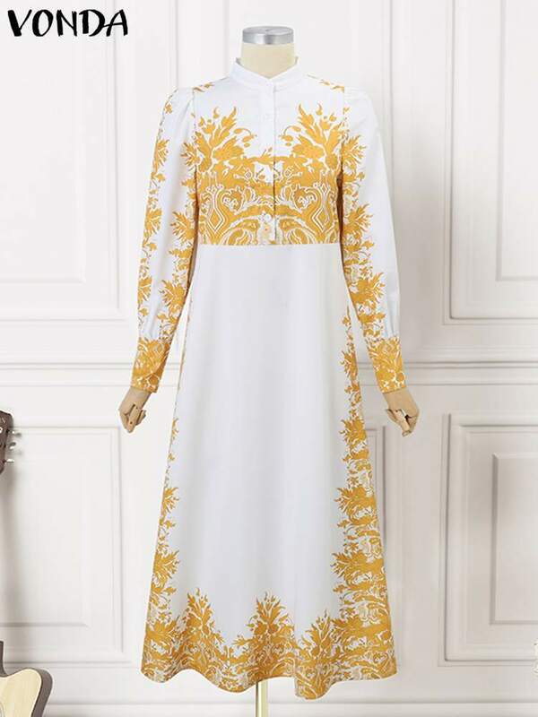 Plus Size 5XL VONDA Elegant Dress Women Summer Long Sleeve Belted Printed Maxi Long Dress Buttons Vintage Casual Robe Femme