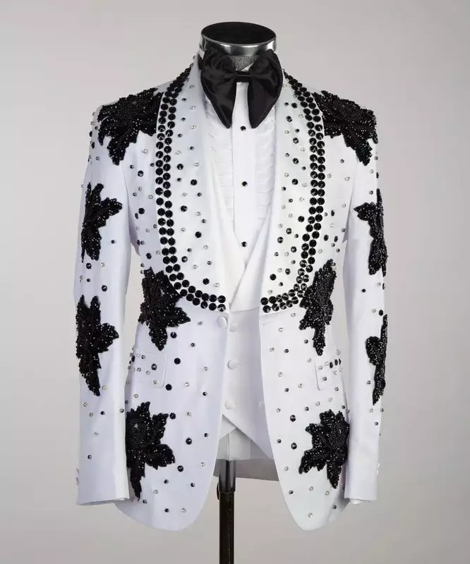 Conjunto de trajes blancos con purpurina para hombre, Blazer + Pantalones de lujo, esmoquin de boda para novio, abrigo de botonadura única, chaqueta de graduación personalizada, 2 piezas
