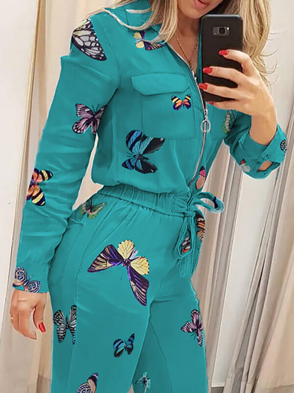Butterfly Print Zipper Pocket Design Rompers Women Jumpsuit Long Sleeve Slim Fit Lace Up Waist Jumpsuits Casual Overalls