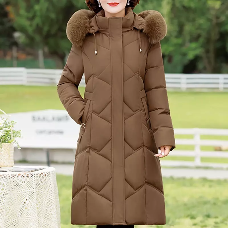 Jaket musim dingin untuk wanita, mantel bertudung kerah bulu tebal hangat panjang Parka kualitas tinggi, mantel empuk wanita usia sedang 2023