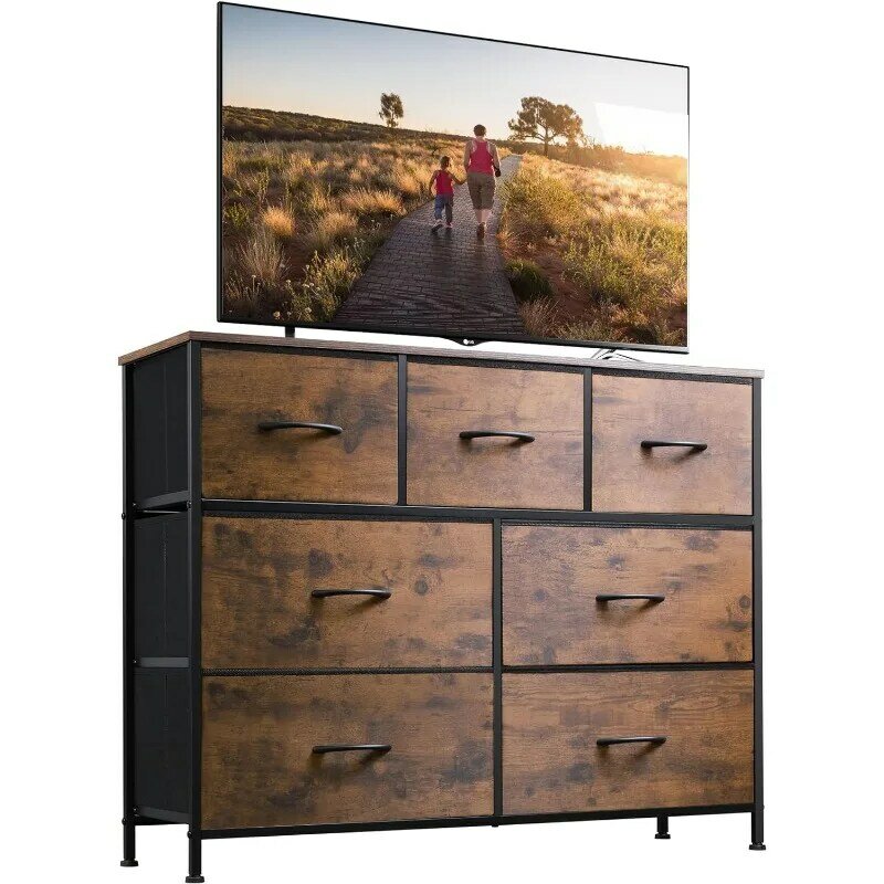 Dresser TV Stand, Entertainment Center with Fabric Drawers, Media Console Table with Metal Frame and Wood Top