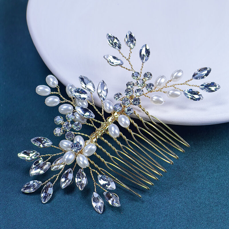 Wedding Hair Comb Pearl Bridal Headwear Rhinestone Bridal Hair Ornament Side Hair Ornament Women's and Girls (Gold)