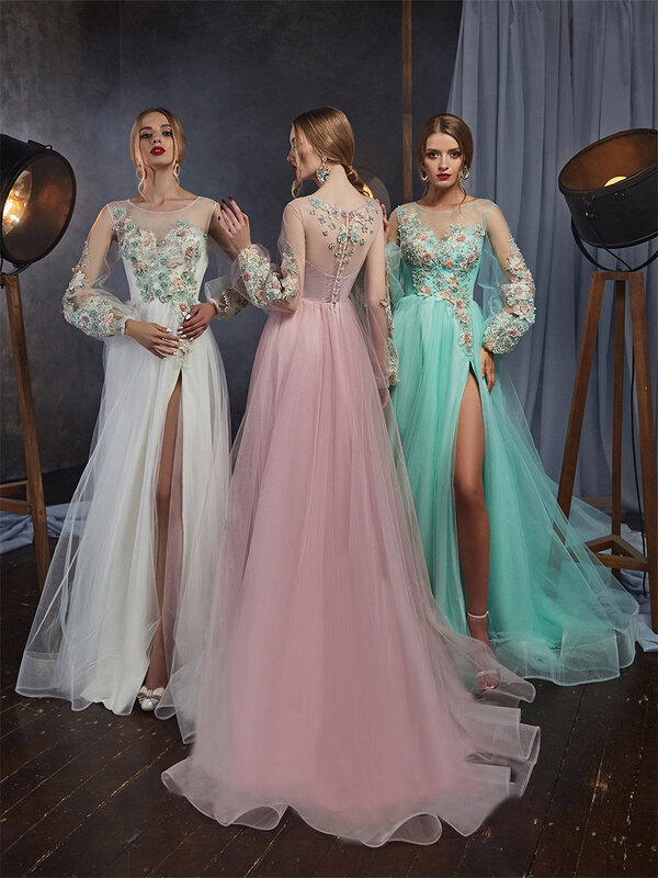 세련된 꽃 프린트 A 라인 무도회 드레스, 우아한 긴 소매 이브닝 드레스, 클래식 바닥 길이 가운, 2024