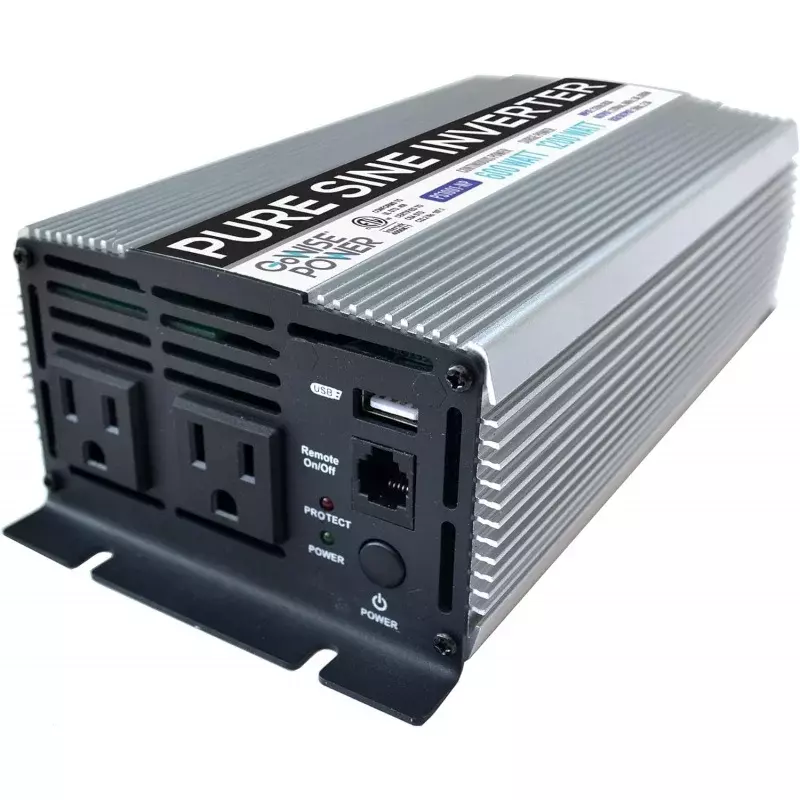 GoWISE 파워 순수 사인파 인버터, 600W, 12V DC-115V AC, AC 콘센트 2 개, 1 5V USB 포트 및 클램프 케이블 2 개 (1200W 피크) PS