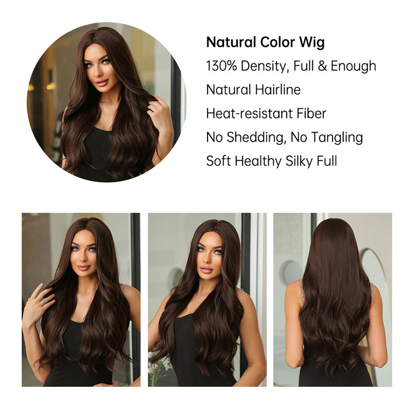 Ciemnobrązowe długie faliste peruki syntetyczne dla czarnych kobiet środkowa część naturalne włosy falowane peruki włókno termoodporne Cosplay codzienna peruka