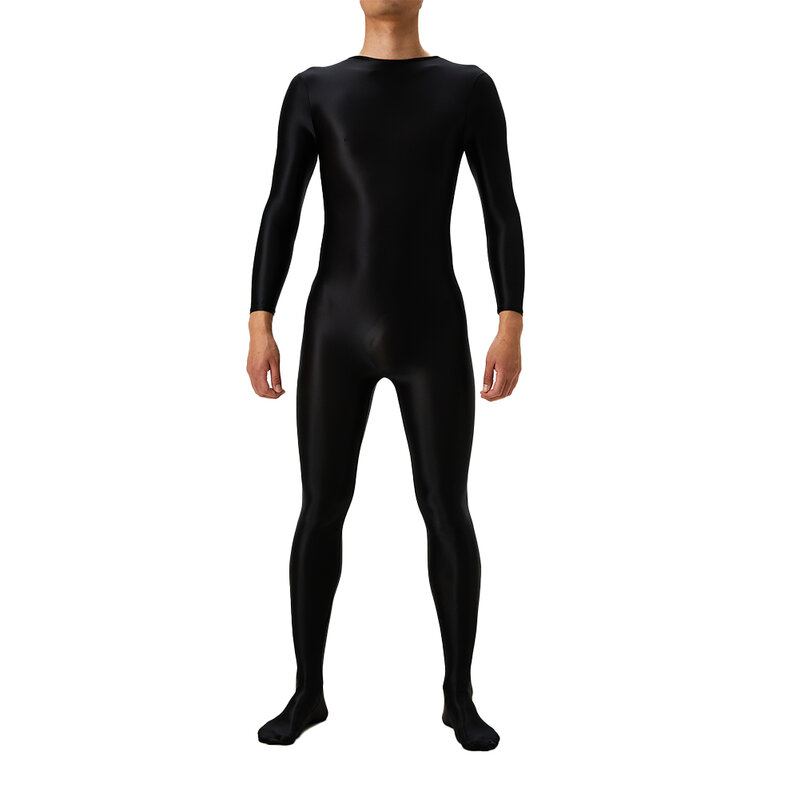 Bodysuit Pria Lengan Panjang Minyak mengkilap ketat berkilau tinggi elastis Leotard Jumpsuit Gym kebugaran pelindung ruam pakaian renang Jumpsuit