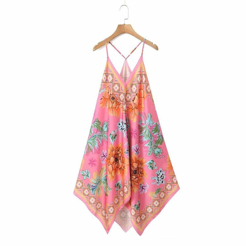 Bohemian One Piece Floral Print Midi Dress Women's Spaghetti Strap Summer Party Dress Sling Casual Beach Cover Up Vacation Dress