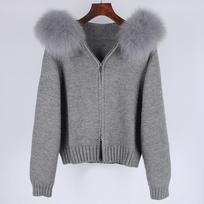 Manteau à capuche en renard véritable pour femme, col en laine, tricots polyvalents avec superposition de fourrure, mode décontractée, automne et hiver
