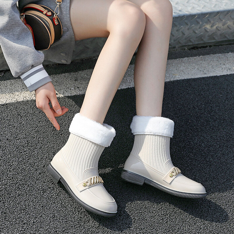 Summer New Women's Rain Boots Fashion Trend Waterproof Non-Slip Thick Bottom Metal Decoration Plus Cotton Warm Rain Boots 36-40