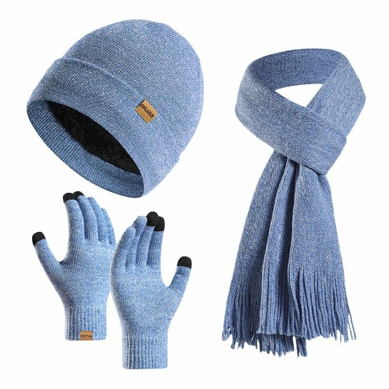 3Pcs/Set Neck Protection Knitted Hat Winter Warm Soft Beanies Hat Windproof Outdoor Scarf Cap Men Women