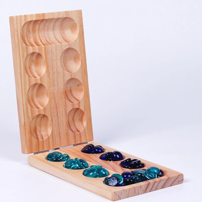 Juego creativo de Mancala para niños y adultos, juguete interactivo, juego de estrategia, tablero portátil de madera con 48 piedras de cristal