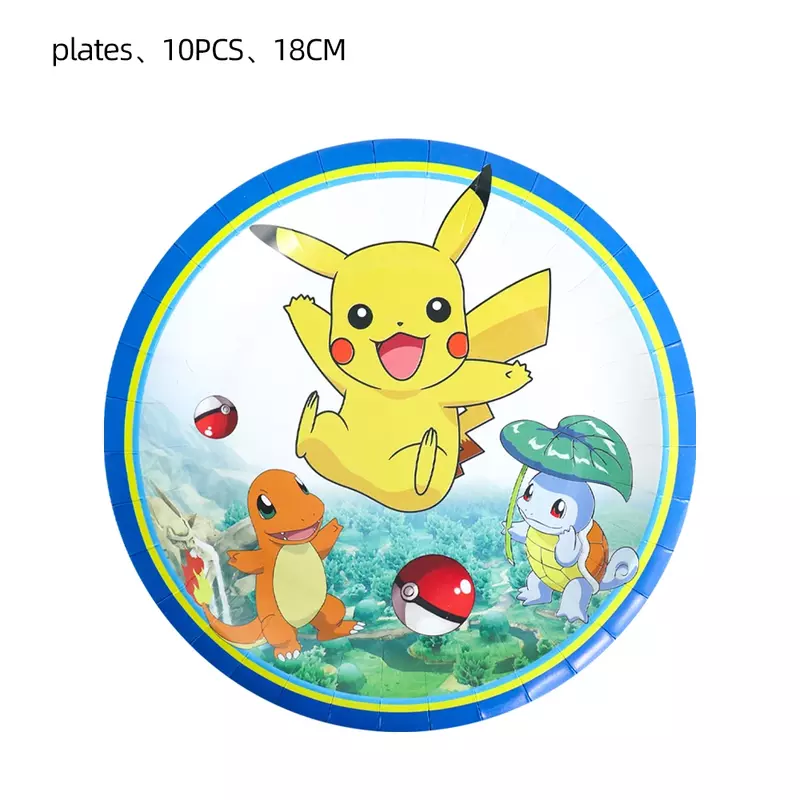 Juego de vajilla desechable de Pokémon para niños, mantel de papel, taza, plato de cena, suministros de personajes de Pikachu, decoración de fiesta de cumpleaños