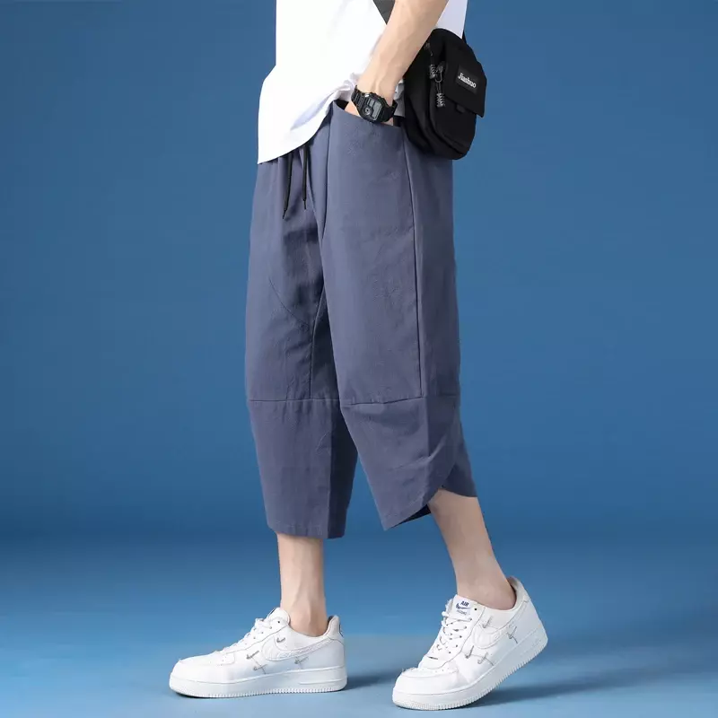 Pantalones bombachos de lino para hombre, Shorts de cintura elástica, Color sólido, informales, recortados