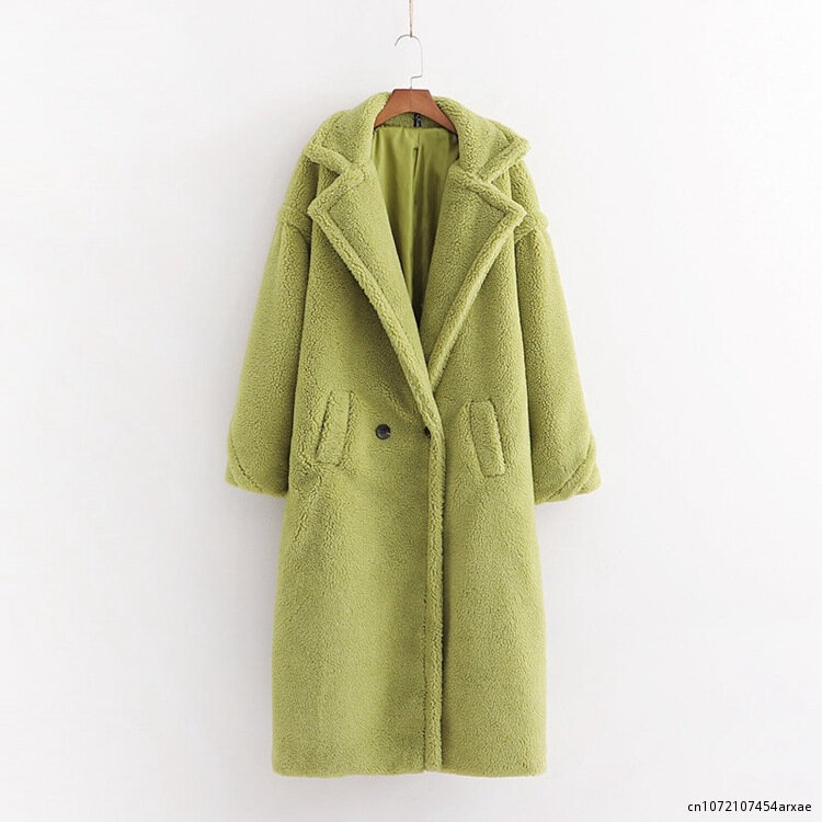 Mantel Bulu Imitasi Mantel Musim Dingin Wanita Mantel Teddy Hangat Tebal Kerah Lipat Pakaian Luar Panjang Elegan 2022 Jaket Musim Gugur Musim Dingin