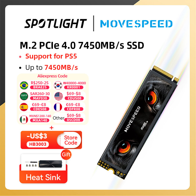 MOVESPEED 7450 Мб/с SSD NVMe M.2 2280 4 ТБ 2 ТБ 1 ТБ Внутренний твердотельный жесткий диск M2 PCIe 4,0x4 2280 SSD-накопитель для PS5 ноутбука и ПК