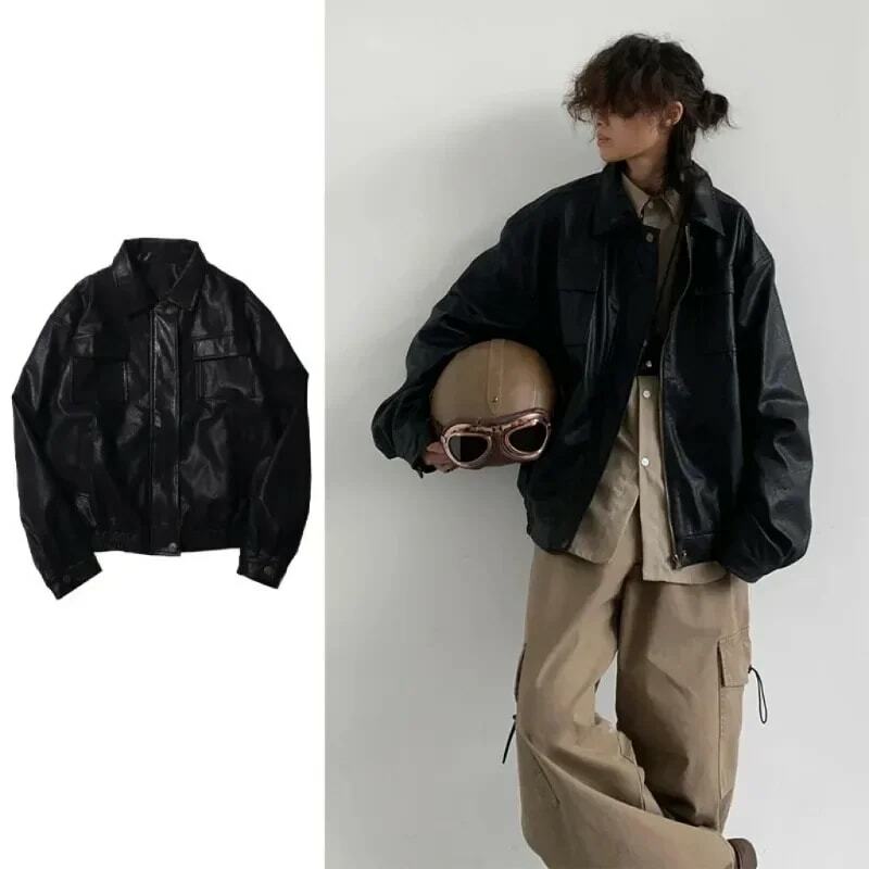 Autumn Japanese neutral retro PU leather motorcycle jacket loose faux leather coat double chest pocket lapel couple jacket