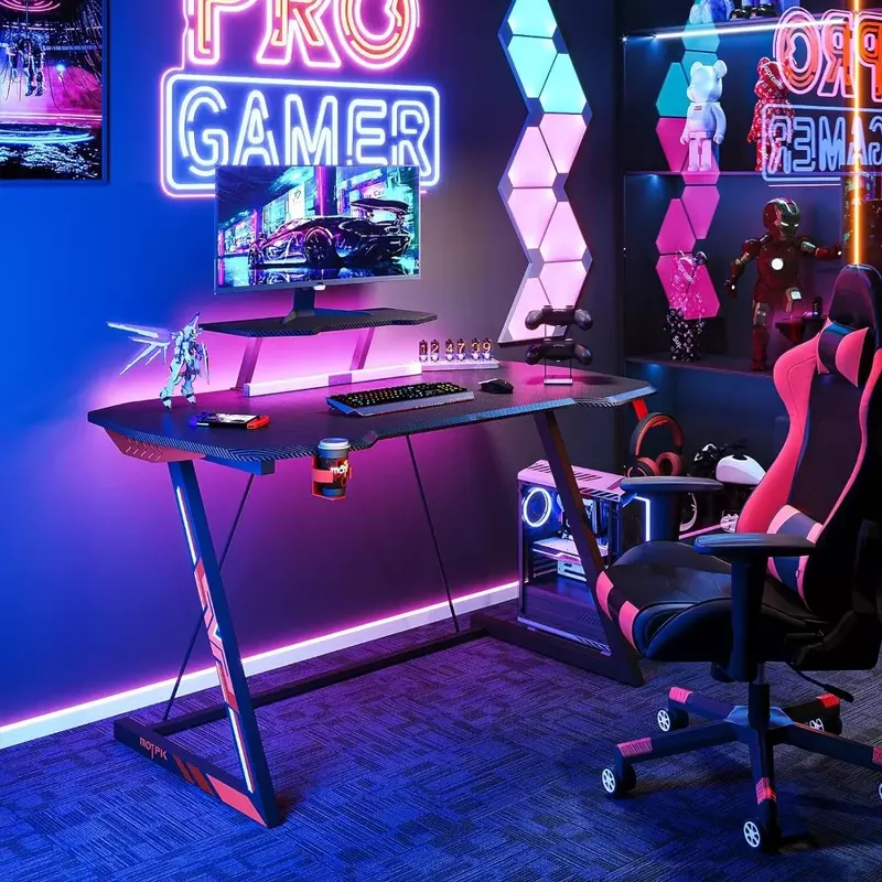 Gaming-Schreibtisch mit LED-Leuchten, kleiner Gaming-Tisch Schreibtisch 39 Zoll Z-förmig, Gamer-Schreibtisch ergonomisch robust
