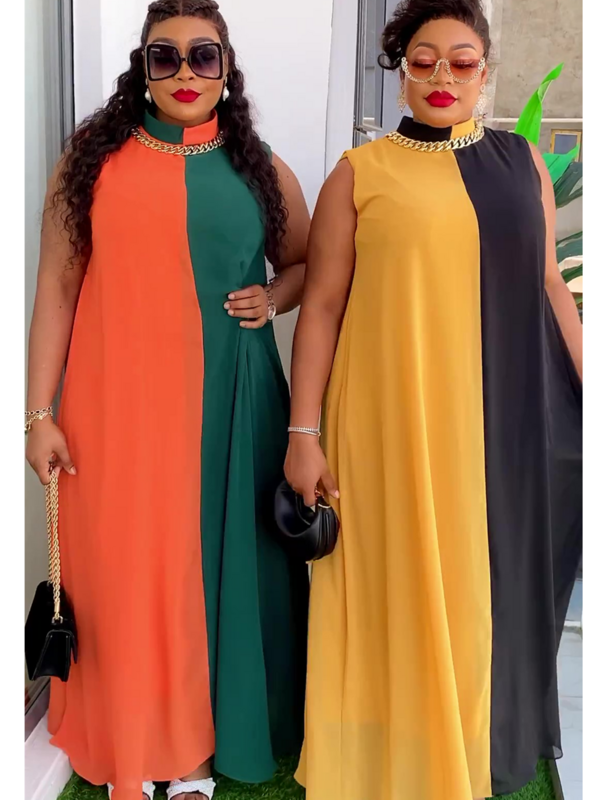Gaun elegan Afrika untuk wanita 2024 mode baru tanpa lengan sifon gaun panjang Maxi kasual longgar pantai Solid jubah Vestidos