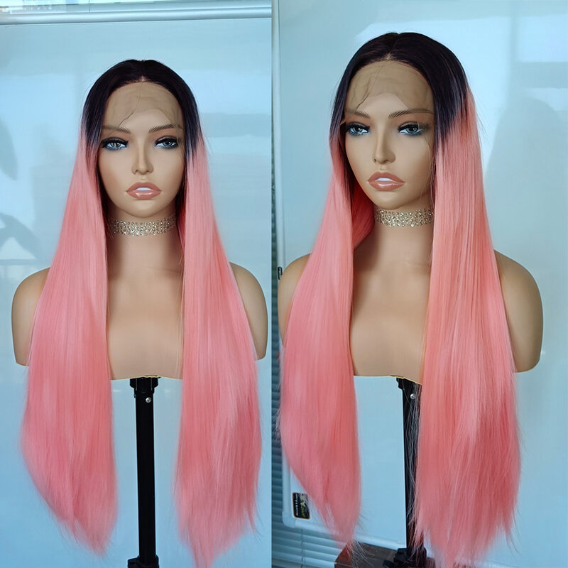 Diniwigs Ombre Pink Hair Wig Long Silky Straight Synthetic Lace Front Wigs Dark Roots Synthetic Wigs for Women Heat Fiber Hair
