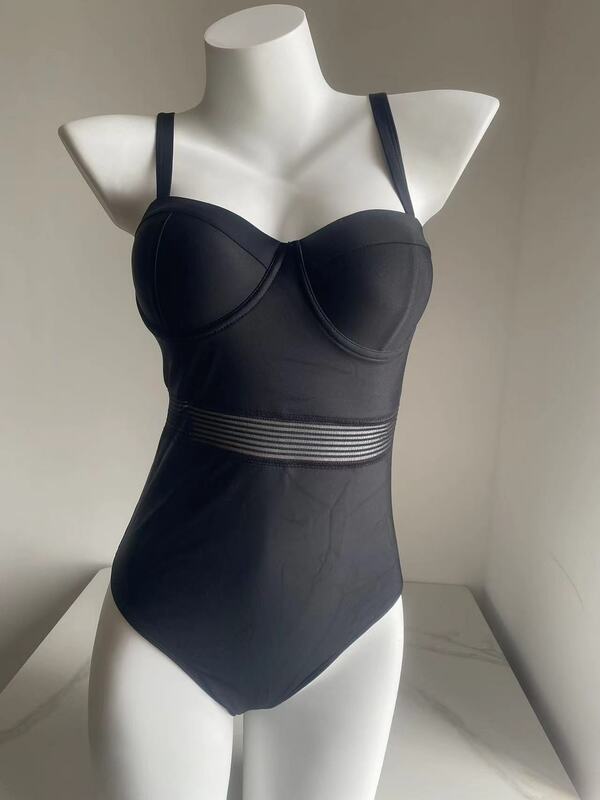2024 hochwertige sexy schwarze Bade bekleidung Frauen Mesh Patchwork Push-up einteiligen Badeanzug Monokini Badeanzug