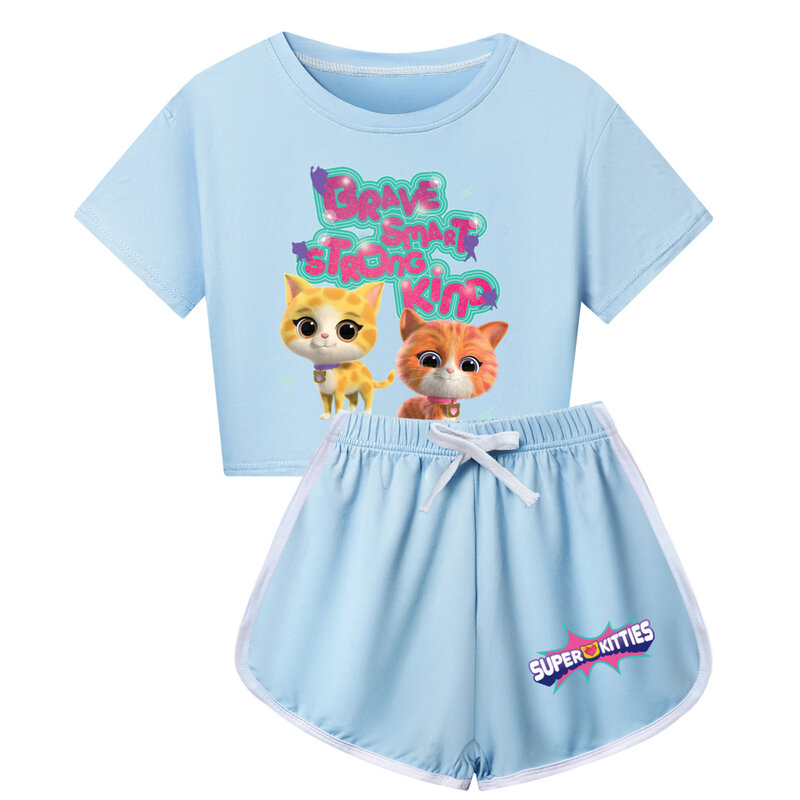 Nowe ubrania Superkitties dla dzieci 2024 dresy z kreskówek nastoletni chłopcy na co dzień kombinezon sportowy niemowlęta dziewczynki Super koty t-shirt szorty 2 sztuki zestawy