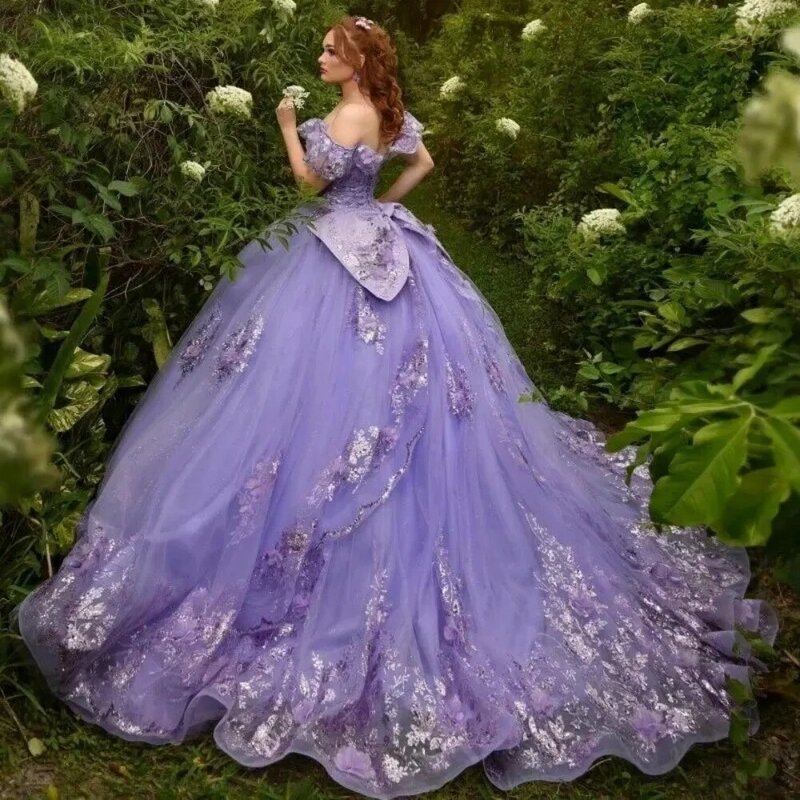 Graceful Off The Shoulder Quinceanera gaun bola Glitter payet manik-manik gaun Prom ungu panjang dengan busur manis 16 gaun Vestidos