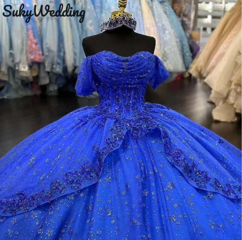 Luxury Royal Blue Quinceanera Dresses Off Shoulder Applique Glitter Skirt Sweet 16 Prom Ball  Gowns vestido de 15 quinceaneras