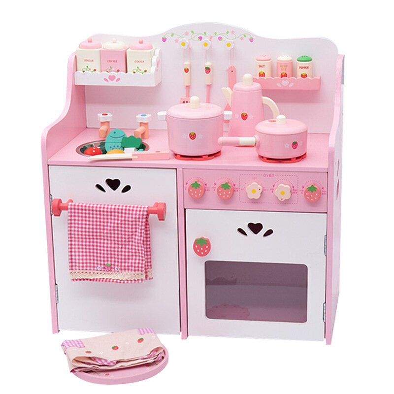 [Funny]Big size 63cm Wooden simulation Strawberry Apron kitchen set seasoning box Spatula Play house toys for girl birthday gift