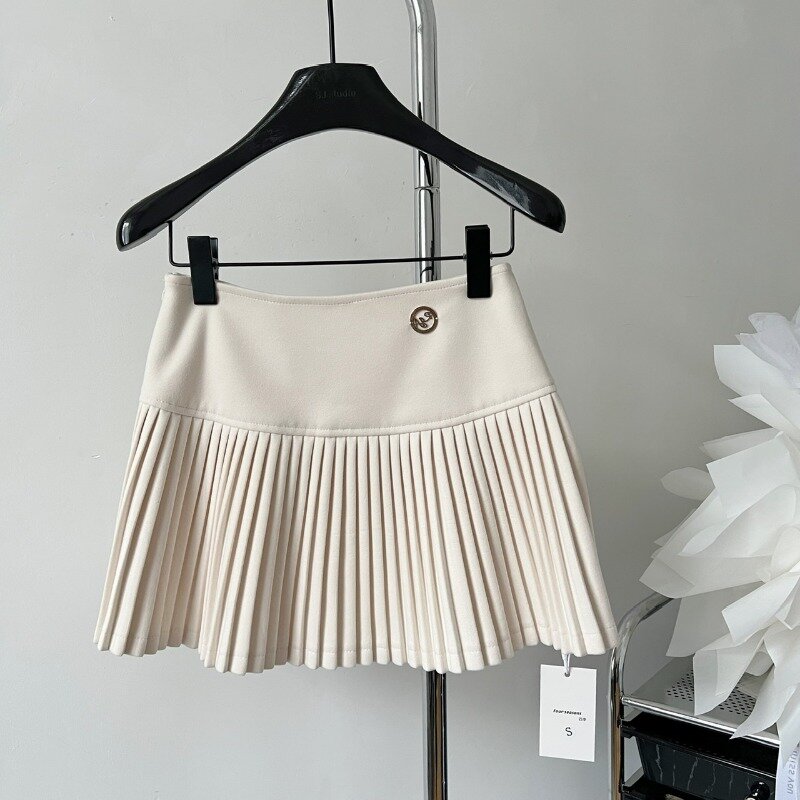 Falda corta plisada de lana para mujer, de cintura alta minifalda, línea A recta, estilo coreano americano, Otoño e Invierno