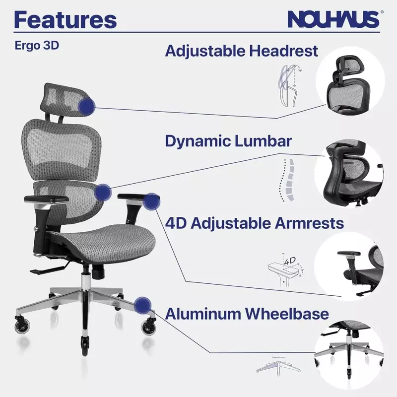 Bürostuhl mit 4d verstellbaren Armlehnen, verstellbaren Kopfstützen und Rädern, Home-Office-Schreibtisch und Stuhl mit hoher Rückenlehne (grau)