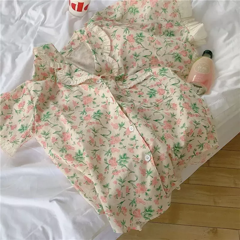 Pijama floral feminino, pijamas, conjuntos de shorts, estilo coreano, loungewear, fofo, verão, conjunto de 2 peças, plissado, roupa de casa, terno