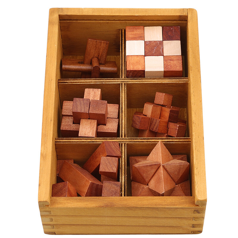 6 Pcs/Set High Quality  Early Educational Toys New Design Kong Ming Lock 3D Wooden Interlocking Puzzles Game
