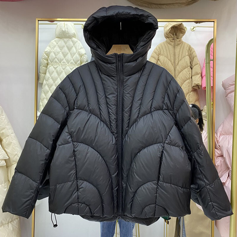 Newest Casual Loose Solid Duck Down Coat Women Winter Hooded Long Sleeve Short Puffer Lightweight Jacket