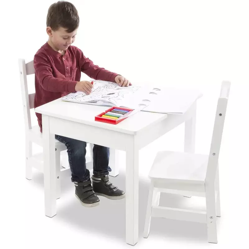 Meja dan kursi anak, Meja peternakan kayu & 4 Set kursi, furnitur anak untuk seni dan aktivitas, putih untuk usia 3-8