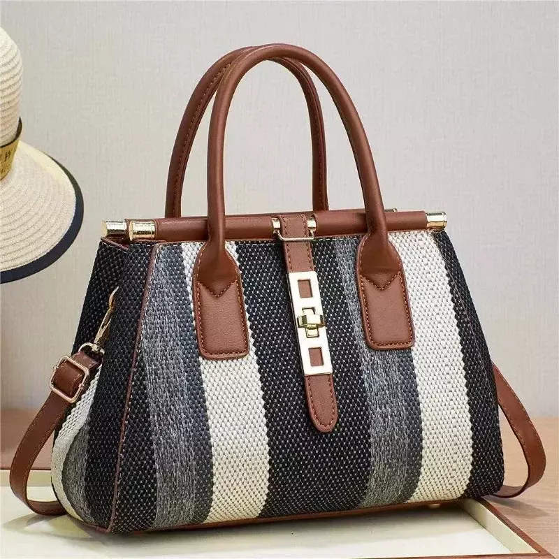 BBA078 tas selempang bahu tunggal wanita, tas tangan kasual populer modis warna kontras bergaris