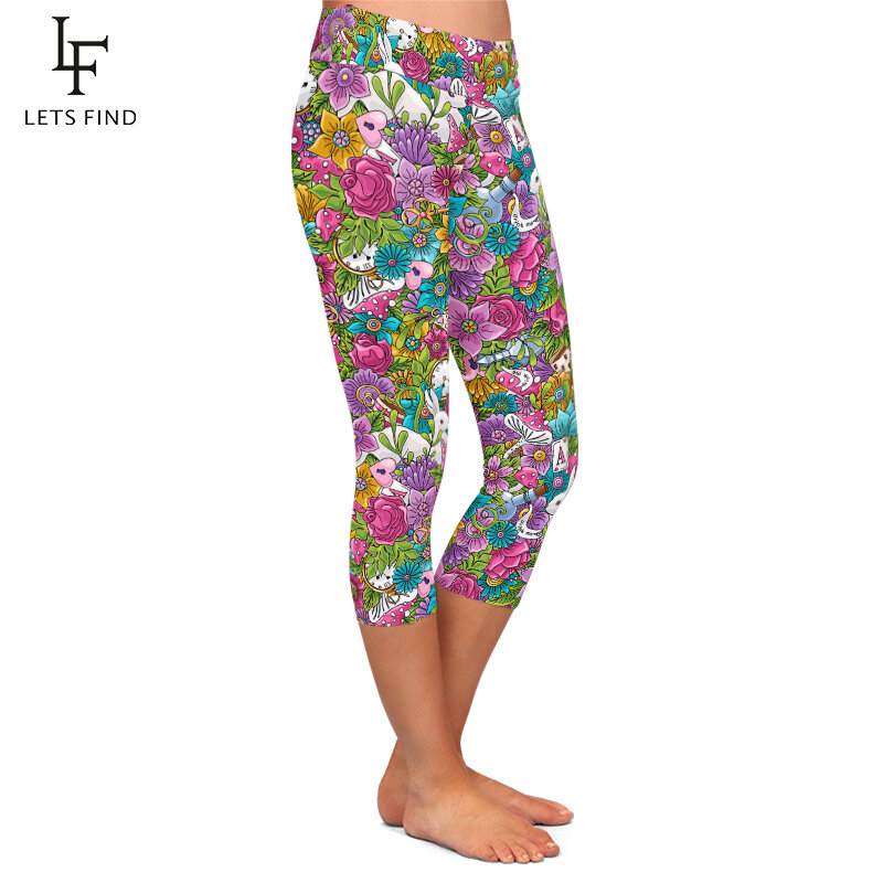 LETSFIND Fashion Bunga Warna-warni Kelinci Elemen Kopi Legging Kapri Wanita Print Celana Fitness Pinggang Tinggi Musim Panas