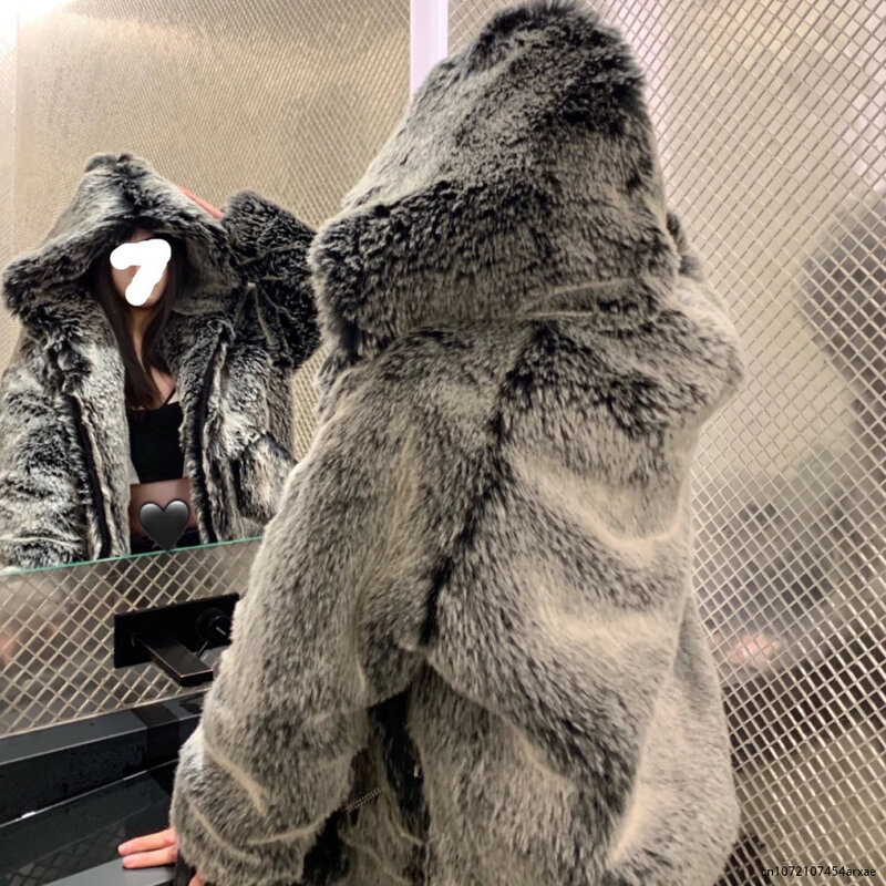 Abrigo largo de piel de zorro sintética para mujer, chaqueta con capucha, abrigo peludo, prendas de vestir exteriores gruesas y cálidas, 2023