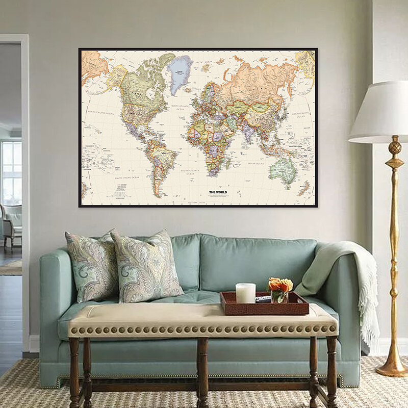 60*40cm peta dunia Retro dengan rincian kanvas lukisan Poster seni dinding untuk perlengkapan pendidikan sekolah Decoratio