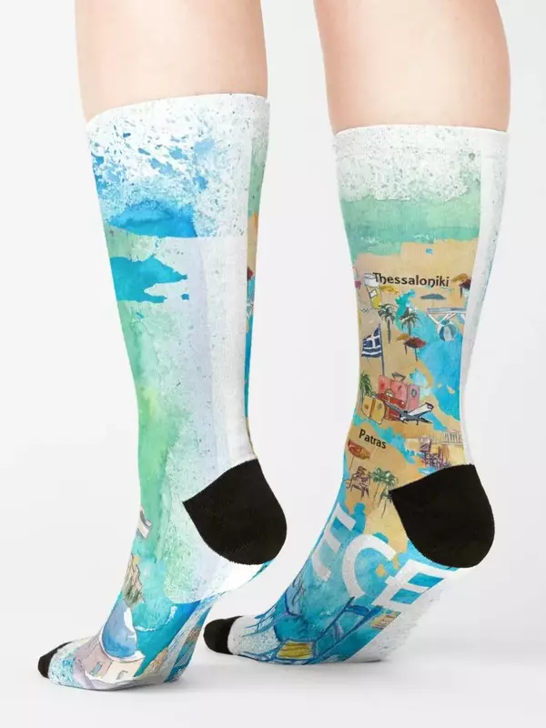 Greece Illustrated Travel Map with Landmarks and Highlights Socks sports and leisure heated Men's Socks Women's