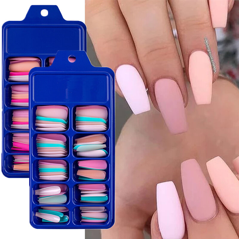 100Pcs/Box Colored Matte False Nails Long Full Coverage Acrylic Nail Tips Artificial Press On Nails Manicure Art Accessories