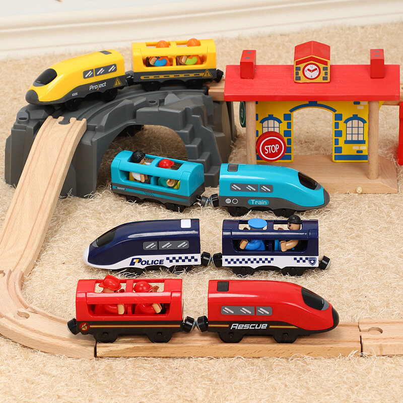 Игрушечный Электропоезд, железнодорожный трек, звуковой локомотив, магнитная каретка, подходит для всех брендов, деревянные треки, игрушки для детей