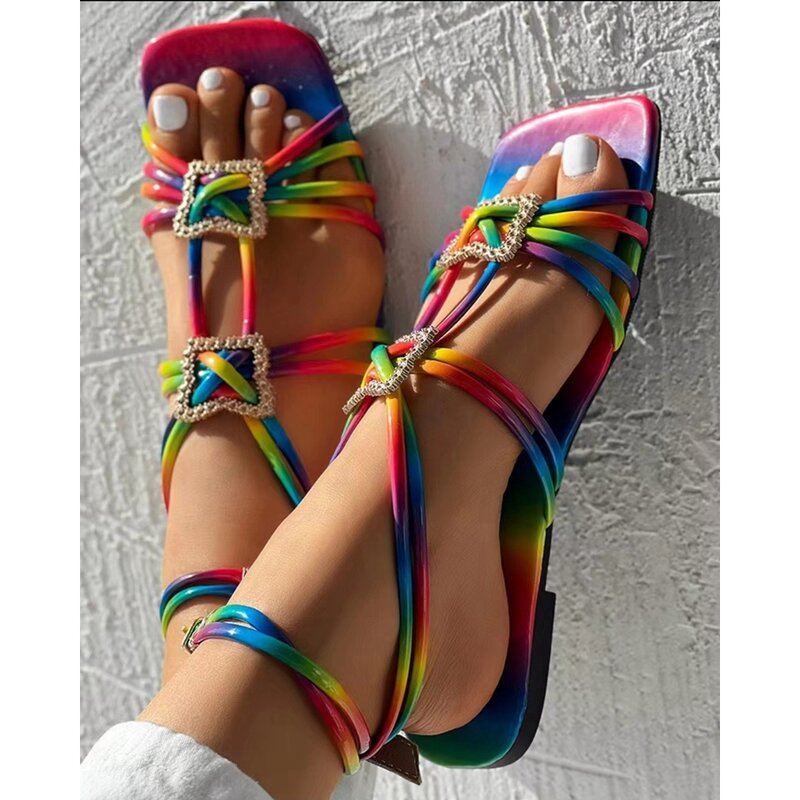 Women Geometric Pattern Multi-strap New In Sandals Outdoor Summer Lady Fashion Square Toe Multicolour Going Out Summer Shoes