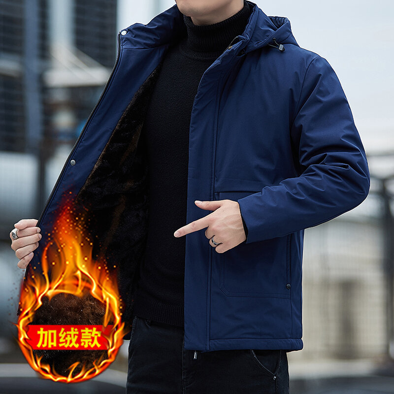 Мужская осенне-зимняя однотонная хлопковая куртка с капюшоном и карманами на молнии в стиле пэчворк, повседневная универсальная куртка с длинным рукавом, 2024
