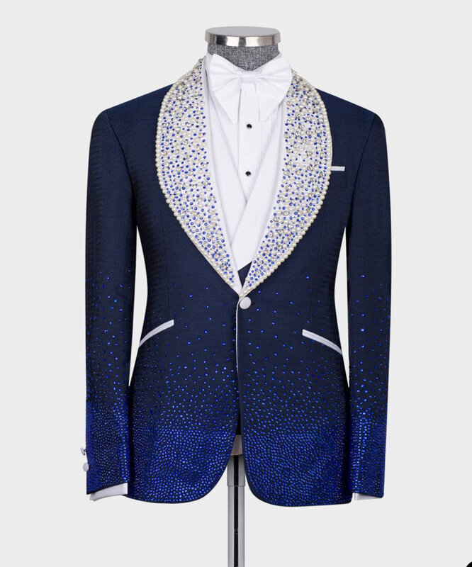 Fashion Men Wedding Suits Shawl Lapel Tuxedos Beads Pearls 3 Pcs Custom Made Prom Evening Party(Blazer+Pants+Vest)
