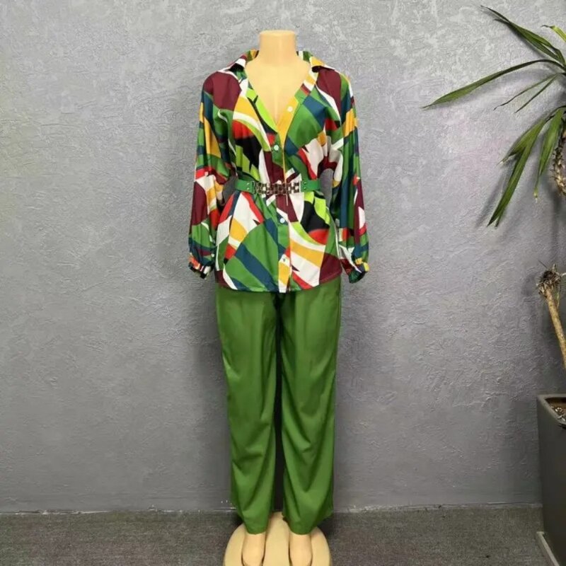 Ubranie afrykańskie 2-częściowy afrykańskie ubrania dla kobiet jesienny elegancki afrykański długi rękaw z dekoltem w szpic nadrukowana góra długi pasujące zestawy