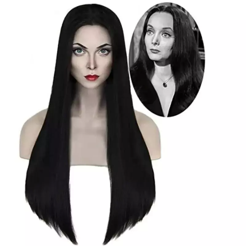 Cosplay Morticia Wendesday Wigs Black Long Straight Hair Heat Resistant Synthetic Halloween Party Woman Wigs