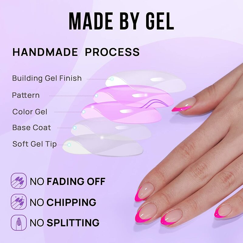 French Tip Press On Nails Almond Hot Pink Short Stick Fake Nails For Women Glue Different Sizes Soft Gel False Nail Kit Berry