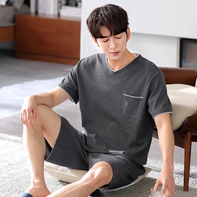 2022 New Summer Men's Pajamas Cotton Short Sleeved Shorts Pullover Thin Cotton Home Clothes Solid Color Suit V-neck Pocket M-4XL