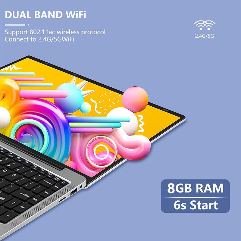 QMDZ Laptop SSD 8GB RAM 128/256/512GB/1TB Windows 10 Pro Intel J4105, laptop Quad Core 14.1 "tampilan 5G WIFI BT HDMI